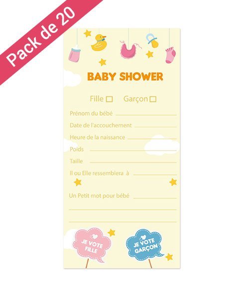 20 Cartes Pronostics pour Baby Shower Fille - Olili