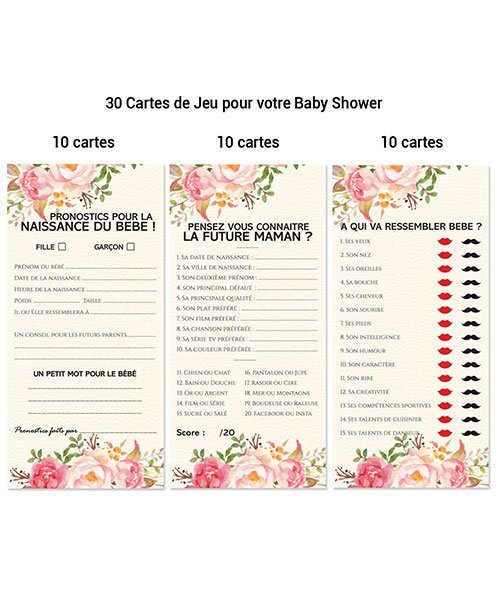 Carte pronostic baby shower en francais Kit 20 cartes. Jeu de